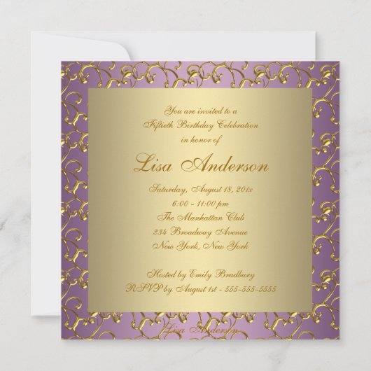 Elegante Paarse en gouden vrouwen 50ste verjaardag Kaart (Achterkant)