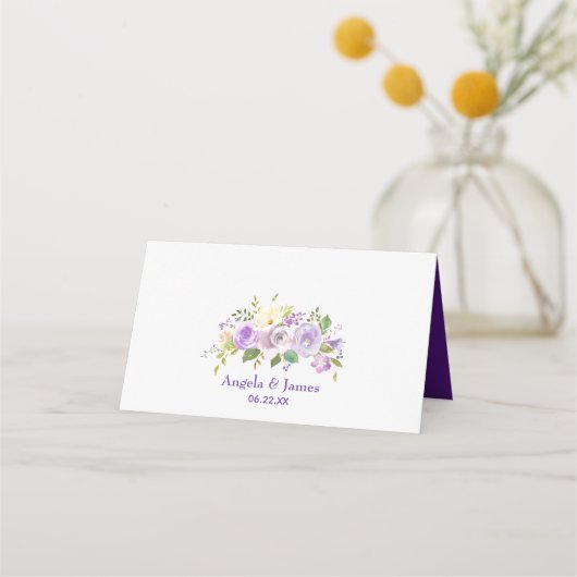 Elegante paarse en gouden waterverf bloemige bruil plaatskaartje (Achterkant)