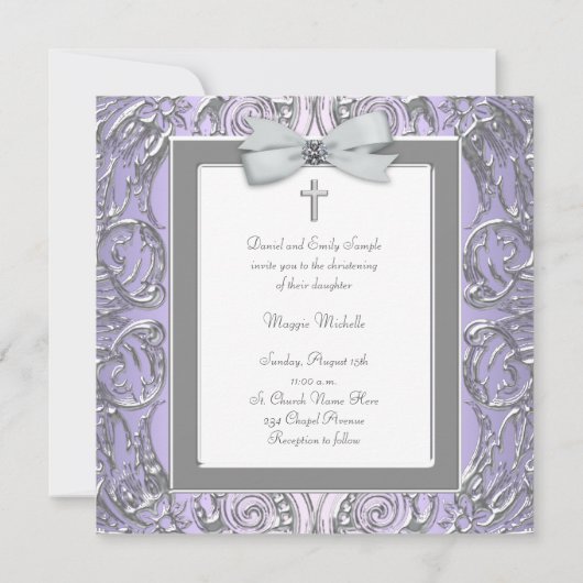 Elegante Paarse en grijze doopuitnodigingen Kaart (Achterkant)