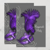 Elegante Paarse en grijze Masquerade Party Kaart (Voorkant / Achterkant)