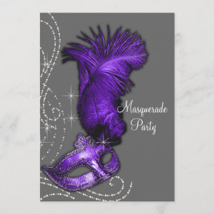 Elegante Paarse en grijze Masquerade Party Kaart