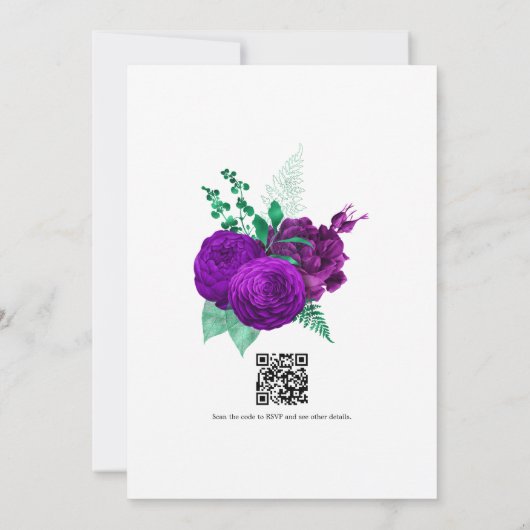 Elegante Paarse en Groene Bloemen Wedding QR Code Kaart (Achterkant)