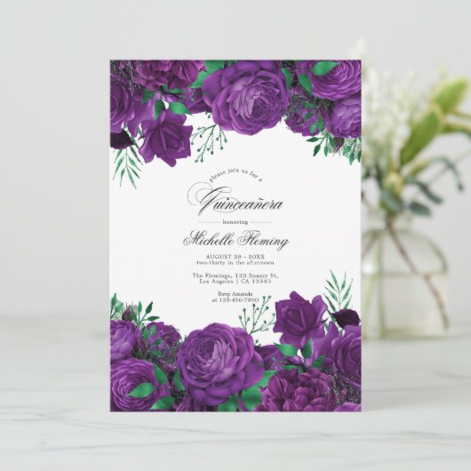 Elegante Paarse en groene bloemenquinceañera foto Kaart (Staand voorkant)