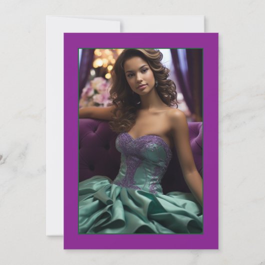 Elegante Paarse en groene bloemenquinceañera foto Kaart (Achterkant)