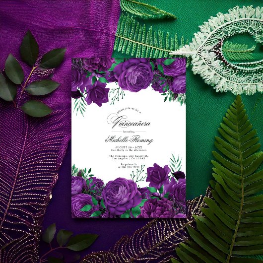 Elegante Paarse en groene bloemenquinceañera foto Kaart