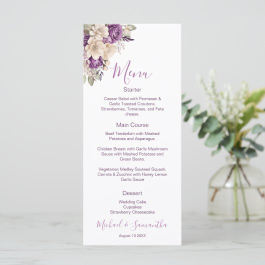 Elegante paarse en ivoorkleurige rozen bruiloft menu (Staand voorkant)
