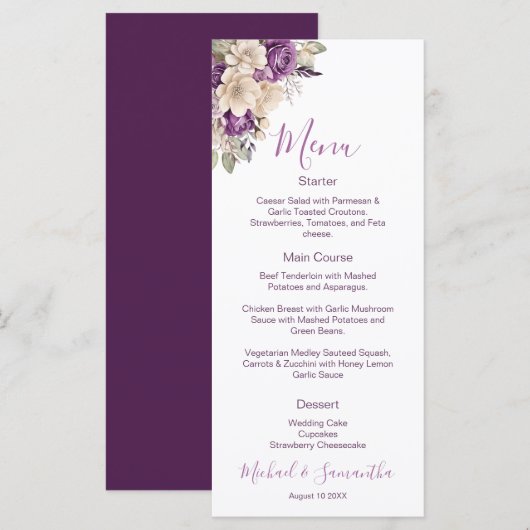 Elegante Paarse en Ivoorwitte Rozen Bruiloft Menu (Voorkant / Achterkant)