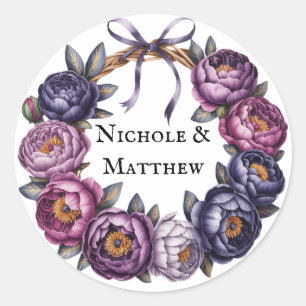 Elegante Paarse en Magenta Peony Bouquet bruiloft Ronde Sticker