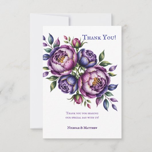 Elegante Paarse en Magenta pioenenenbruiloft Bedankkaart (Voorkant)