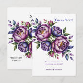 Elegante Paarse en Magenta pioenenenbruiloft Bedankkaart (Voorkant / Achterkant)