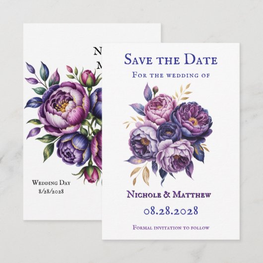 Elegante Paarse en Magenta pioenenenbruiloft Save The Date (Voorkant / Achterkant)