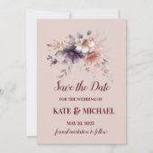 Elegante Paarse en perzik blozen bloemenbruiloft Save The Date (Voorkant)