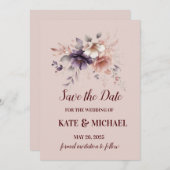 Elegante Paarse en perzik blozen bloemenbruiloft Save The Date (Voorkant / Achterkant)