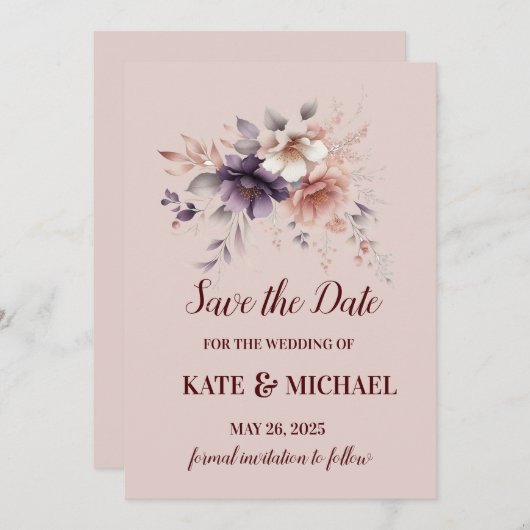 Elegante Paarse en perzik blozen bloemenbruiloft Save The Date (Voorkant / Achterkant)
