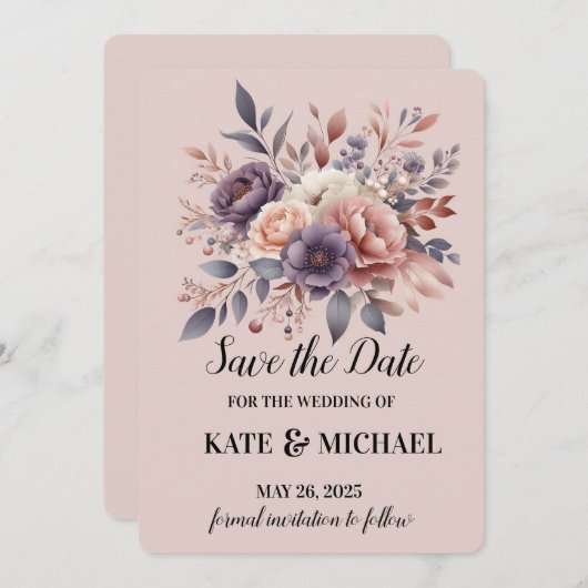 Elegante Paarse en perzik blozen bloemenbruiloft Save The Date (Voorkant / Achterkant)