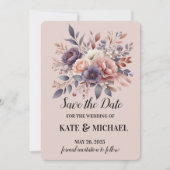 Elegante Paarse en perzik blozen bloemenbruiloft Save The Date (Voorkant)