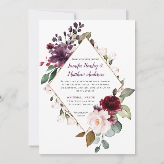Elegante Paarse en rode bloemige ingelijst bruilof Kaart (Voorkant)