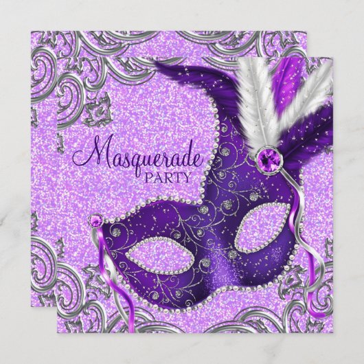 Elegante Paarse en Roze Masquerade Party Kaart (Voorkant / Achterkant)
