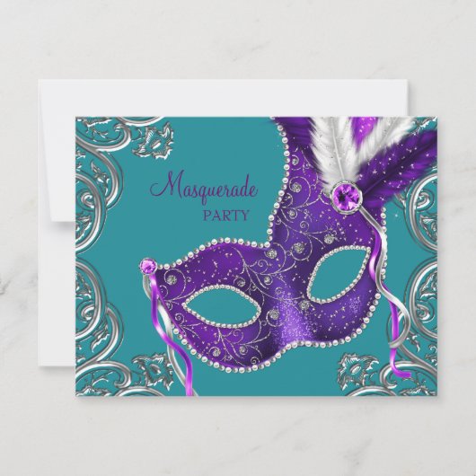 Elegante Paarse en Turquoise Blue Masquerade Party Kaart (Voorkant)