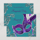 Elegante Paarse en Turquoise Blue Masquerade Party Kaart (Voorkant / Achterkant)
