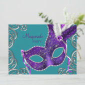Elegante Paarse en Turquoise Blue Masquerade Party Kaart (Staand voorkant)