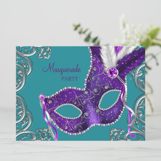 Elegante Paarse en Turquoise Blue Masquerade Party Kaart (Staand voorkant)