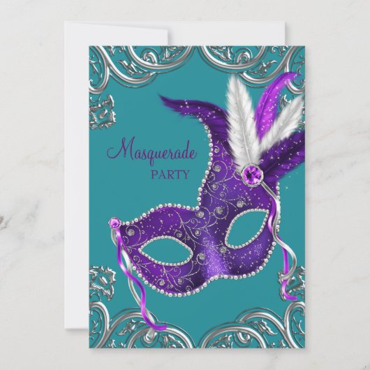 Elegante Paarse en Turquoise Blue Masquerade Party Kaart (Voorkant)