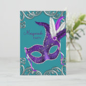 Elegante Paarse en Turquoise Blue Masquerade Party Kaart (Staand voorkant)