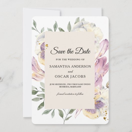 Elegante paarse en viooltje waterverf bloemrijke l save the date (Voorkant)
