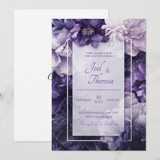 Elegante Paarse en witte bloemenbruiloft Kaart (Voorkant / Achterkant)