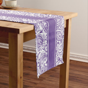 Elegante Paarse en witte bloemige Paisley & Stripe Korte Tafelloper