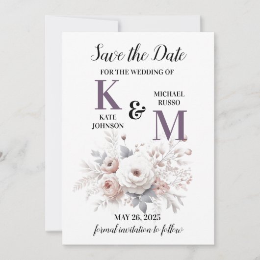 Elegante Paarse en witte blos bloemenbruiloft Save The Date (Voorkant)