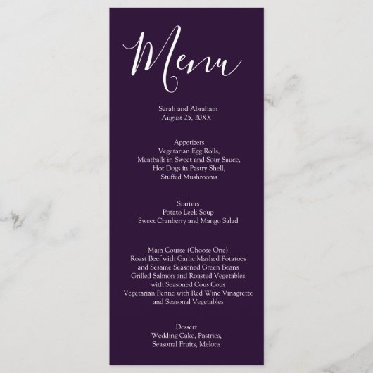 Elegante paarse en witte chic huwelijksmenu menu (Voorkant)