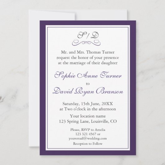 Elegante paarse en witte rand bruiloft kaart (Voorkant)