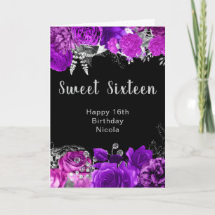 Elegante paarse en zilveren bloemen Sweet Sixteen Kaart