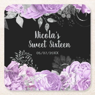 Elegante paarse en zilveren bloemen Sweet Sixteen Kartonnen Onderzetters