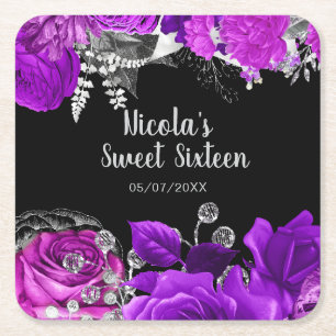 Elegante paarse en zilveren bloemen Sweet Sixteen Kartonnen Onderzetters