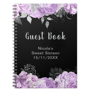 Elegante paarse en zilveren bloemen Sweet Sixteen Notitieboek