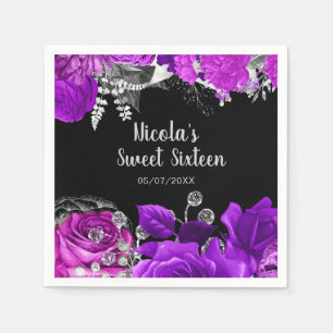 Elegante paarse en zilveren bloemen Sweet Sixteen  Servet