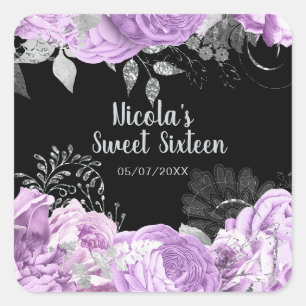 Elegante paarse en zilveren bloemen Sweet Sixteen Vierkante Sticker