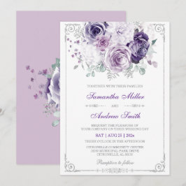 Elegante Paarse en Zilveren Bruiloft Kaart