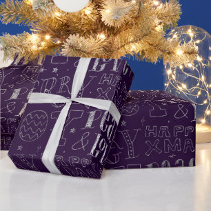 Elegante Paarse en Zilveren Folie Kerst Woord Kuns Cadeaupapier