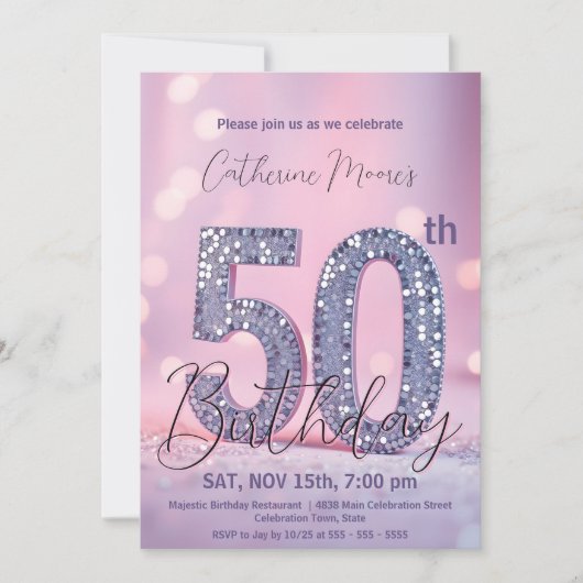 Elegante Paarse en zilveren glitter 50e verjaardag Kaart (Voorkant)