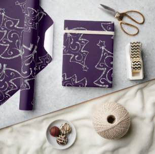 Elegante Paarse en Zilveren Glitter Kerstboom Cadeaupapier