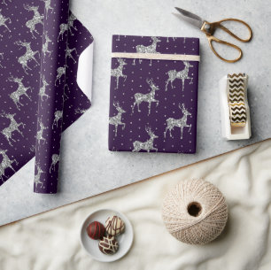Elegante Paarse en Zilveren Rendier Kerstmis Cadeaupapier