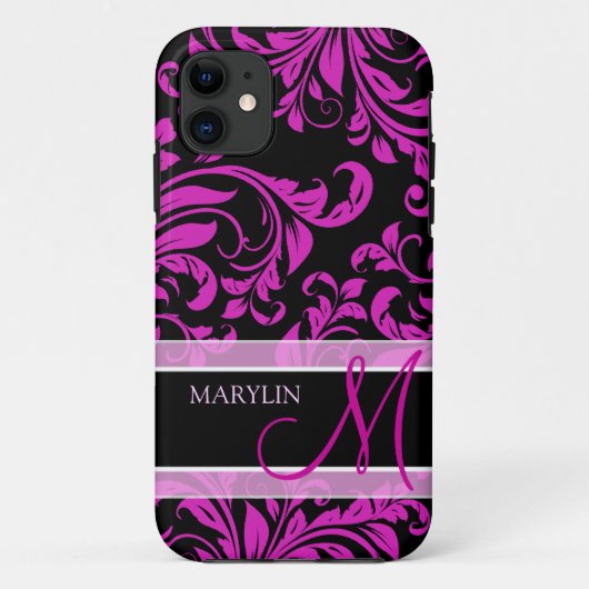 Elegante paarse en zwarte damast met monogram Case-Mate iPhone case (Achterkant)