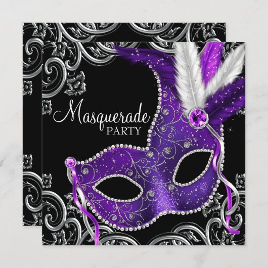 Elegante Paarse en zwarte maskerade partij Kaart (Voorkant / Achterkant)