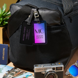 Elegante Paarse en zwarte Metallic Monogrammed Naa Bagagelabel