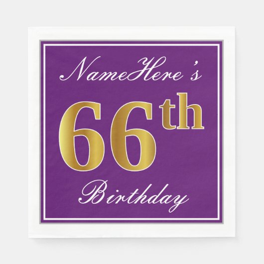 Elegante Paarse, Faux Gold 66e verjaardag + Naam Servet (Voorkant)