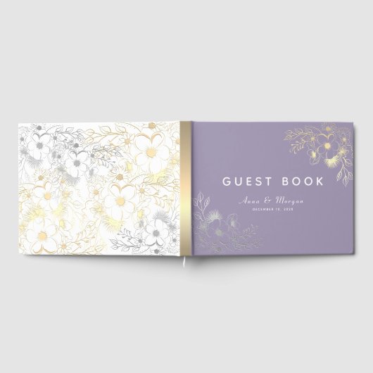 Elegante Paarse Floral Gold Wedding Gastenboek (Volledig)